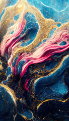 Abstract luxury marble background. Modern digital painting. Gold, pink and blue colors. 3d illustration

