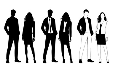 Vector silhouettes of  man and a woman, a couple of standing  business people, linear sketch, profile, black  color isolated on white background