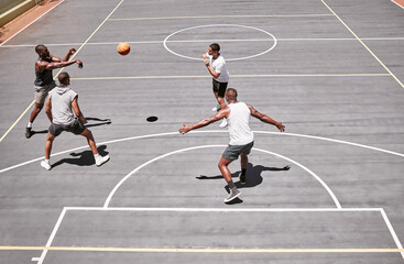 Fitness, sports and friends training on a basketball court with cardio exercise or workout in...