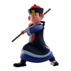  3D illustration. 3D Vampire Cartoon Character has an Elegant Kung Fu style. with the movement of the stick above. Shows cute expressions. 3D Cartoon Character