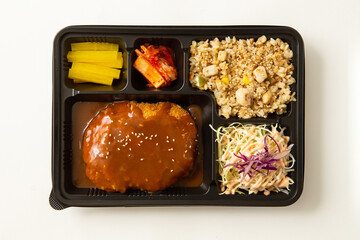 Various side dishes and hamburg steak lunch box