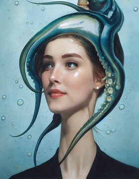 A woman wearing squid hat portrait tentacle as her hair