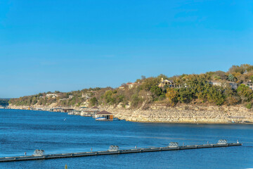 Lake Austin, Austin, Texas- Docks at the front of the rich neighborhood on top of the slope