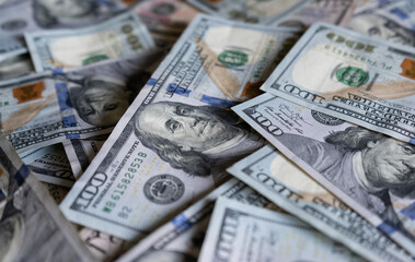 One Hundred Dollars banknotes. Official currency of the United States of America. 100 USD notes, American US dollar paper bills obverse.