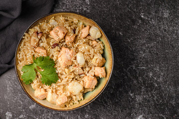 salmon rice on a dark background