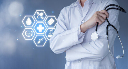 Hand of doctor hold a stethoscope with health icon. Medical technology and Healthcare treatment to diagnose