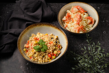 rice with vegetables on a dark background