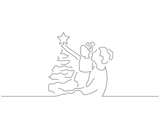 Family at home with a christmas tree in line art drawing style. Composition of a christmas scene. Black linear sketch isolated on white background. Vector illustration design.