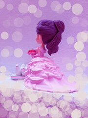 Illustration of a doll in a bride's dress with bokeh