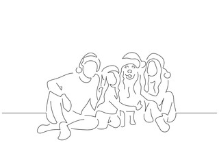 Family at home with his dog in line art drawing style. Composition of a christmas scene. Black linear sketch isolated on white background. Vector illustration design.