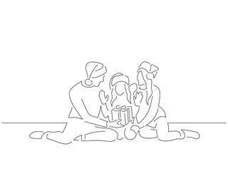 Family at home in line art drawing style. Composition of a christmas scene. Black linear sketch isolated on white background. Vector illustration design.