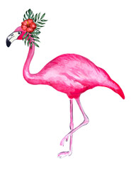 Cute flamingo with flowers hand drawn watercolor illustration for kids fashion artworks, greeting cards.