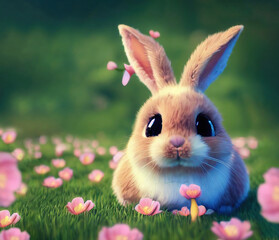 Obraz premium cute and adorable cartoon baby bunny rabbit sitting in the meadows among flowers, digital painting in 3D cartoon movies style