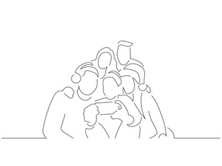 Group of friends taking a selfie photography in line art drawing style. Composition of a christmas scene. Black linear sketch isolated on white background. Vector illustration design.