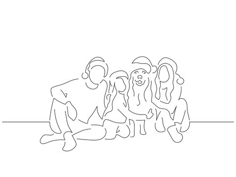 Family at home with his dog in line art drawing style. Composition of a christmas scene. Black linear sketch isolated on white background. Vector illustration design.