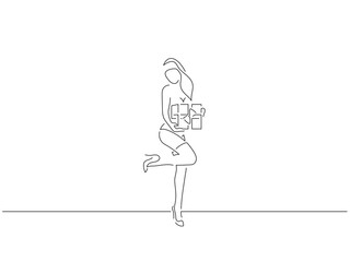 Sexy woman holding a gift in line art drawing style. Composition of a christmas scene. Black linear sketch isolated on white background. Vector illustration design.