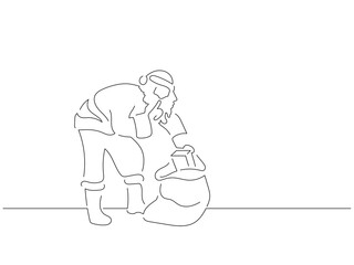 Santa Claus in line art drawing style. Composition of a christmas scene. Black linear sketch isolated on white background. Vector illustration design.