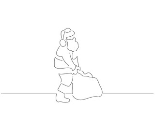 Santa Claus in line art drawing style. Composition of a christmas scene. Black linear sketch isolated on white background. Vector illustration design.