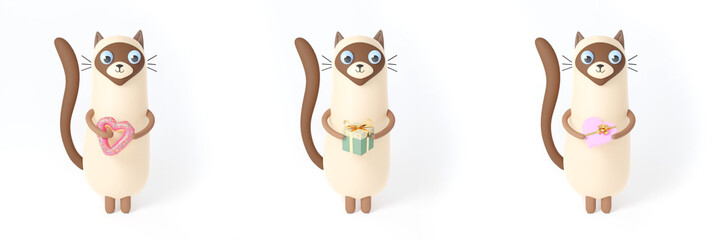 Siamese cute cartoon cat kawaii with heart donut Valentines Day and Christmas gift and Happy Birthday on a white background. Cartoon character. 3d rendering