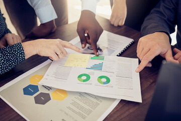 Business team planning, collaboration and marketing analytics at corporate agency or company with hands, data paperwork. Group of project management people strategy or b2b of finance, chart and graph