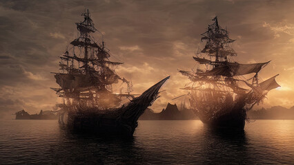 Fototapeta na wymiar Sea battle. Seascape at sunset, old ships fall apart on the waves after the battle. Fantasy sea pirate landscape. 3D illustration