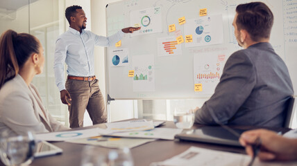 Businessman, leader or ceo with presentation on a whiteboard for marketing team during a meeting in an office boardroom. Black man or manager with research graphs and advertising data while planning - obrazy, fototapety, plakaty