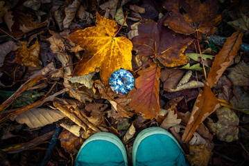Selective focus. Beautiful autumn background. Red maples and a diamond.