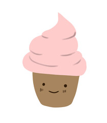 Pink cream cupcakes with smiley face, color illustration