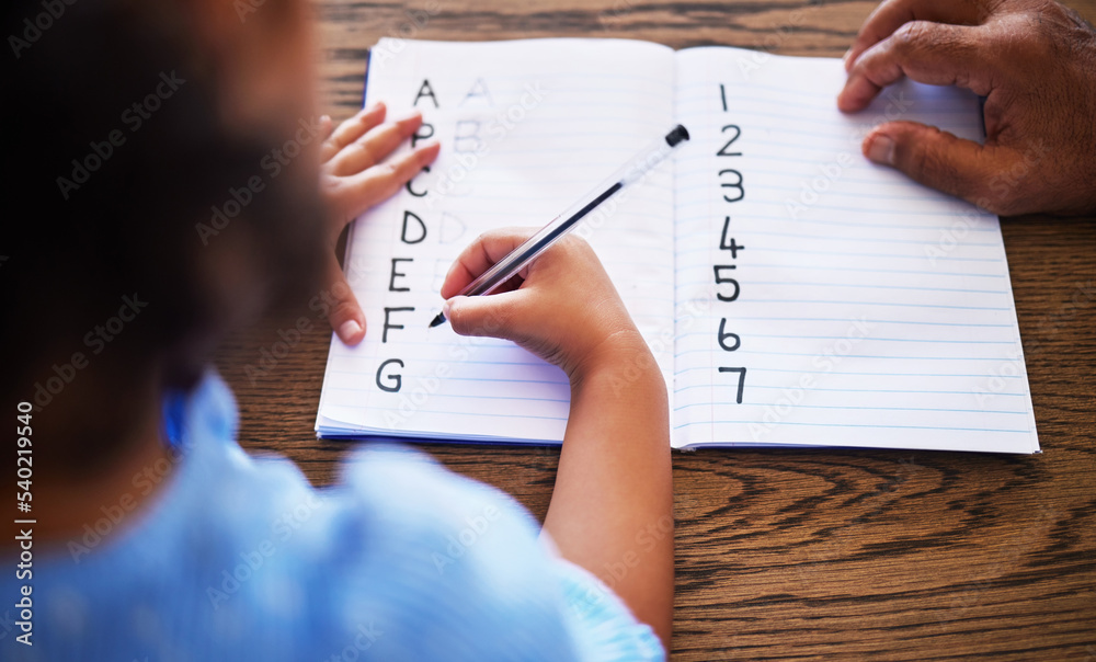 Aufkleber Teacher, learning and child hands writing in book with tutor for education, alphabet and maths. Knowledge, teaching and student with homework book for studying lesson at desk with top view.