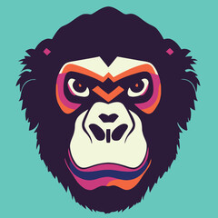 Monkey face vector illustration. Pop art animal wild chimp head, creative character mascot logo symmetry design. Bright neon colors sticker. Monkeys, pets, animal lovers theme design element.