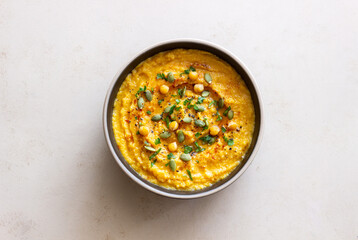 Pumpkin hummus with seeds and greens. Healthy eating. Vegetarian food.