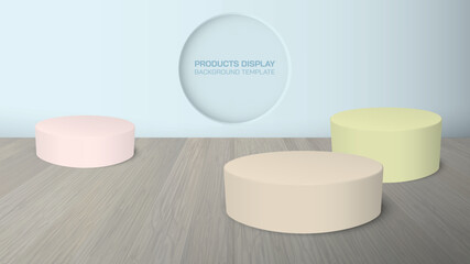 3d illustration pastel products display podium with parquet floor have layer circle frame at wall. Stand to show products natural and organic concept.