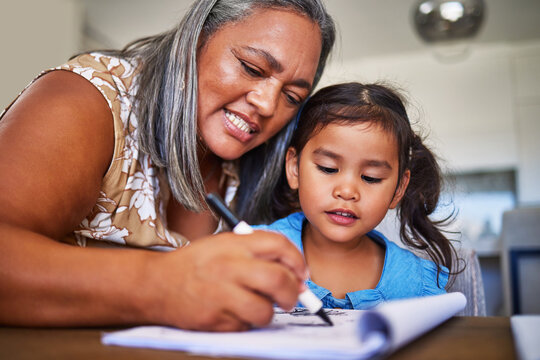 Girl Homework, Learning And Grandmother Helping Child With School Education In A Notebook In Their Home. Kid And Senior Woman, Creative Drawing Or Homework Writing For Knowledge And Learning Alphabet