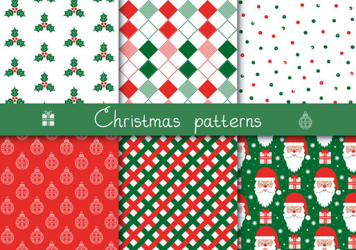 Set of cute seamless Winter Time patterns with traditional ornaments