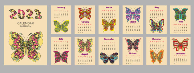 Calendar 2023 with butterfly in zentangle style. Week starts on Sunday.