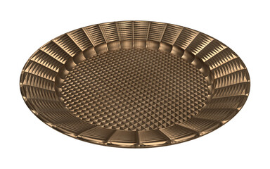 Isolated Top View of Empty Copper Plate, Modern Crockery on White Background, Realistic Shot of 3D Illustration.