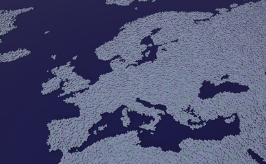 3D view of Europe map, comprised of multiple hexagonal columns with varying sizes. 3D render.