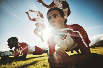 Sports, soccer player and team exercise in cross plank, jump and training at soccer field....