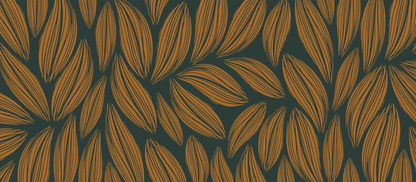 Nature leaves on dark gray background. Vector Illustration. Elegant leaves pattern. Line art for banner, card, cover, fabric, print and invitation