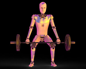 Fototapeta na wymiar Robot lifting a barbell, 3D illustration
