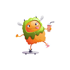 Funny cute monster riding a skateboard and showing his tongue - Vector Illustration