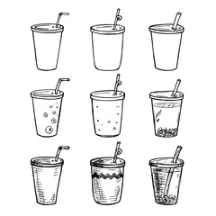 Cute cups of water, milkshake, juice and soda. Drink illustration. Simple cocktail clipart set
