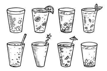 Cute cups of water, milkshake, juice and soda. Drink illustration. Simple cocktail clipart set