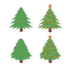 Vector set of Christmas trees isolated on white background. Collection of Christmas decorated trees in flat style. Set of Christmas trees for postcards, banners, posters for the New Year