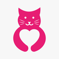 Cat Heart Logo Negative Space Concept Vector Template. Cat Holding Love Symbol