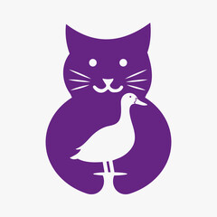 Cat Duck Logo Negative Space Concept Vector Template. Cat Holding Duck Symbol