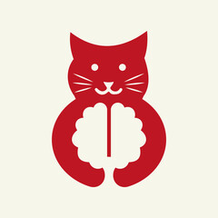Cat Brain Logo Negative Space Concept Vector Template. Cat Holding Brain Symbol