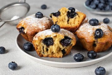 Homemade muffins with blueberry and almonds sprinkled with powdered sugar on plate on gray background