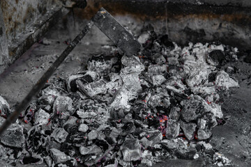 coal and charcoal. close up of a burning fire.