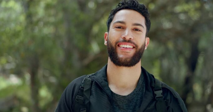 Young man portrait, nature hiking and freedom, travel and adventure in peace, calm and morning hike outdoors. Happy, fitness and smile arab guy, trekking travel and summer park in Egypt environment